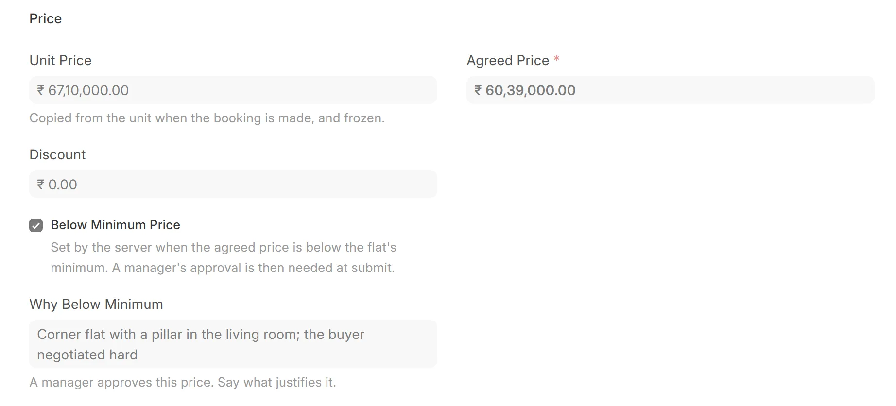A booking below the minimum price, with the reason: corner flat with a pillar in the living room