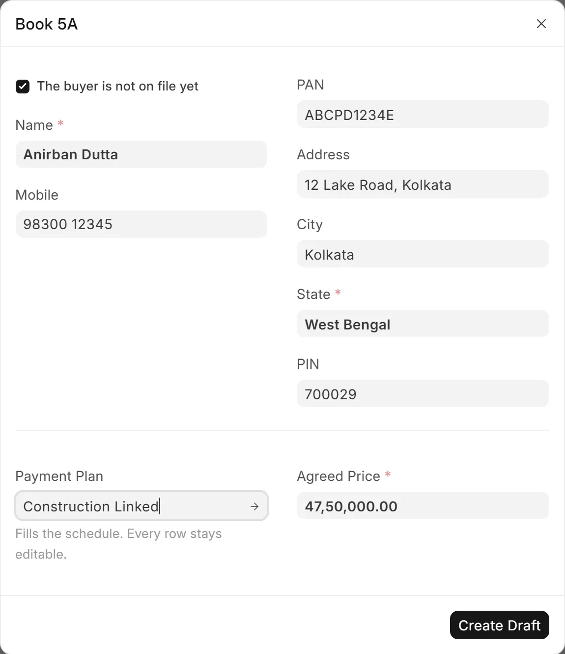 The Book 5A dialog: buyer, PAN, address, payment plan and agreed price