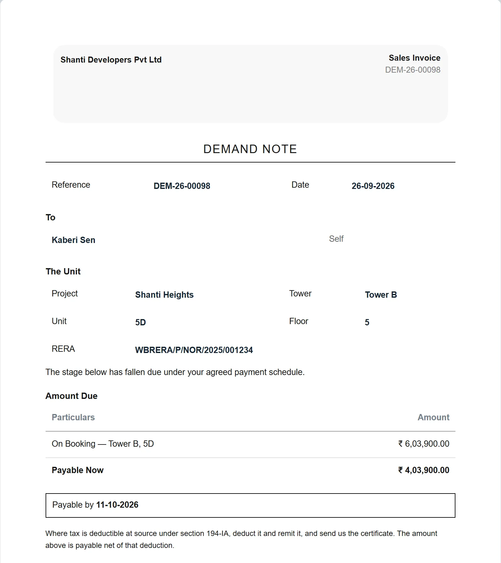 A demand note on the developer's letterhead for one flat