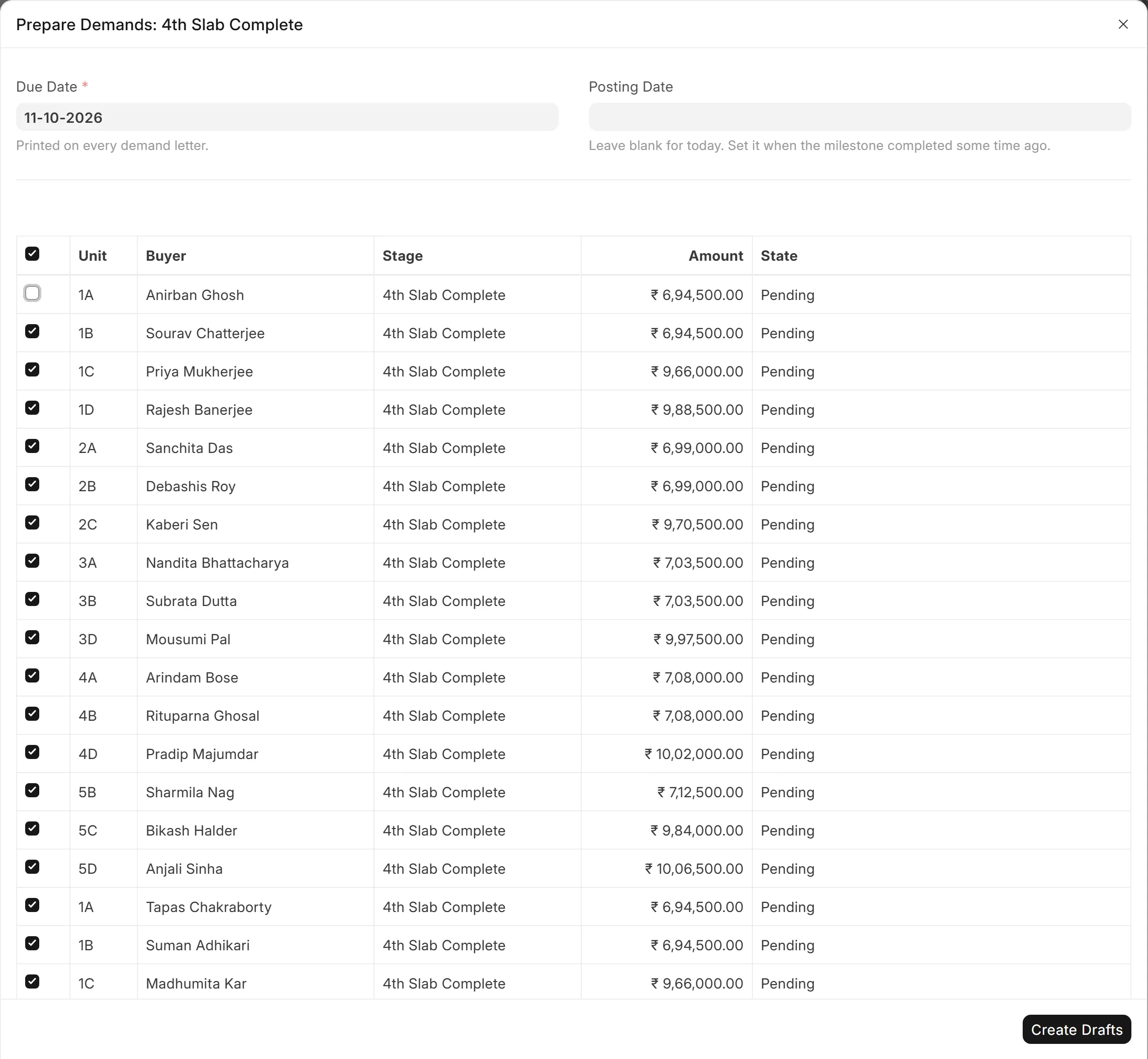 The Prepare Demands review list with one buyer unticked