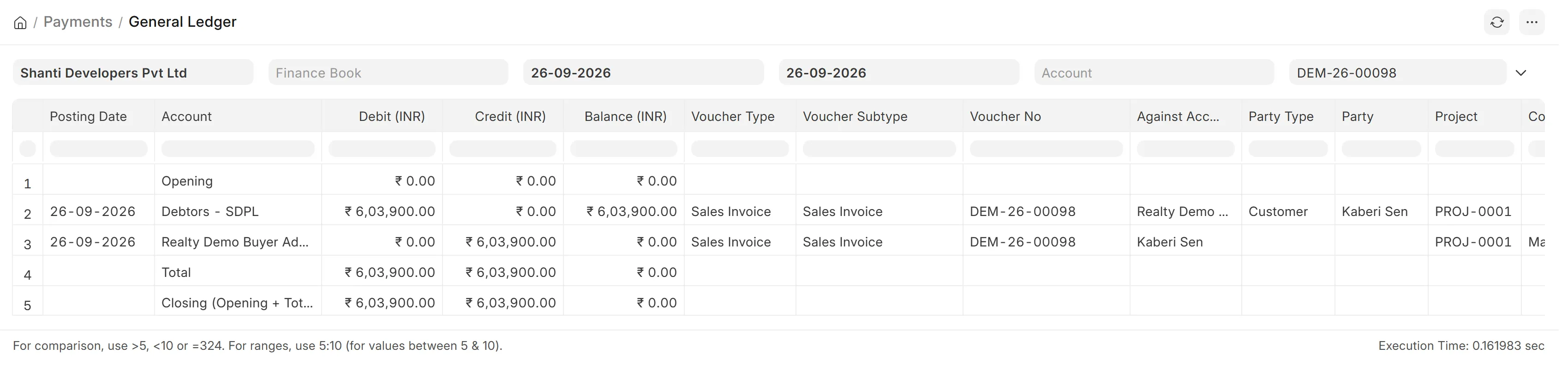 General Ledger for one demand, the debtor and advance rows netting to zero