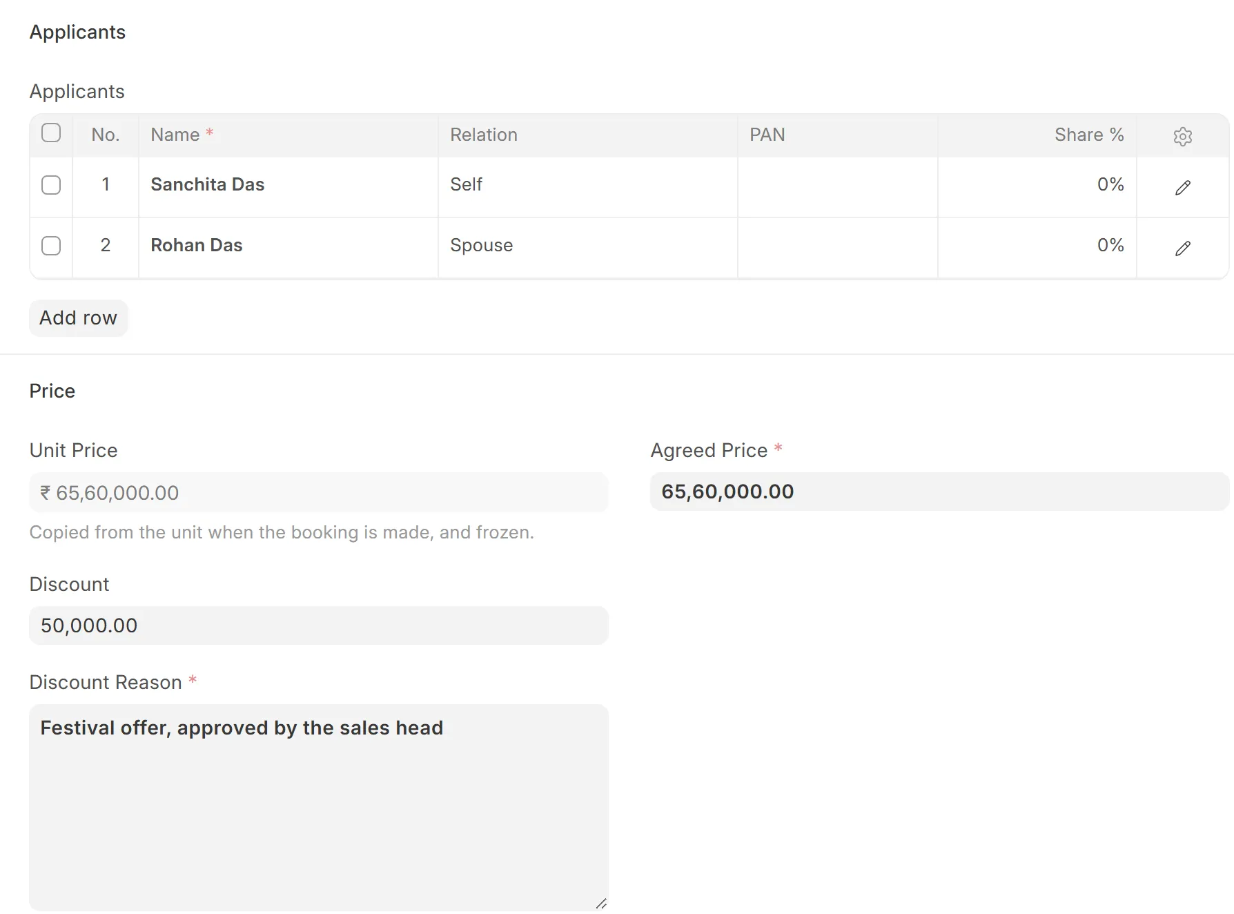 A booking with two applicants and a discount reason