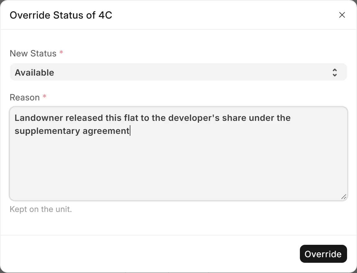 Override Status of 4C to Available, with the reason typed by the owner
