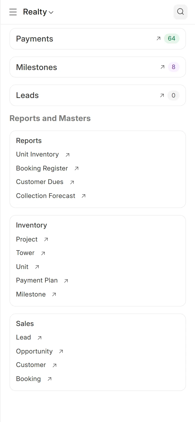 The owner's phone listing payments, milestones and the dues reports