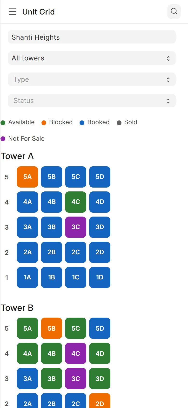 The unit grid on a phone, Tower A and Tower B by floor