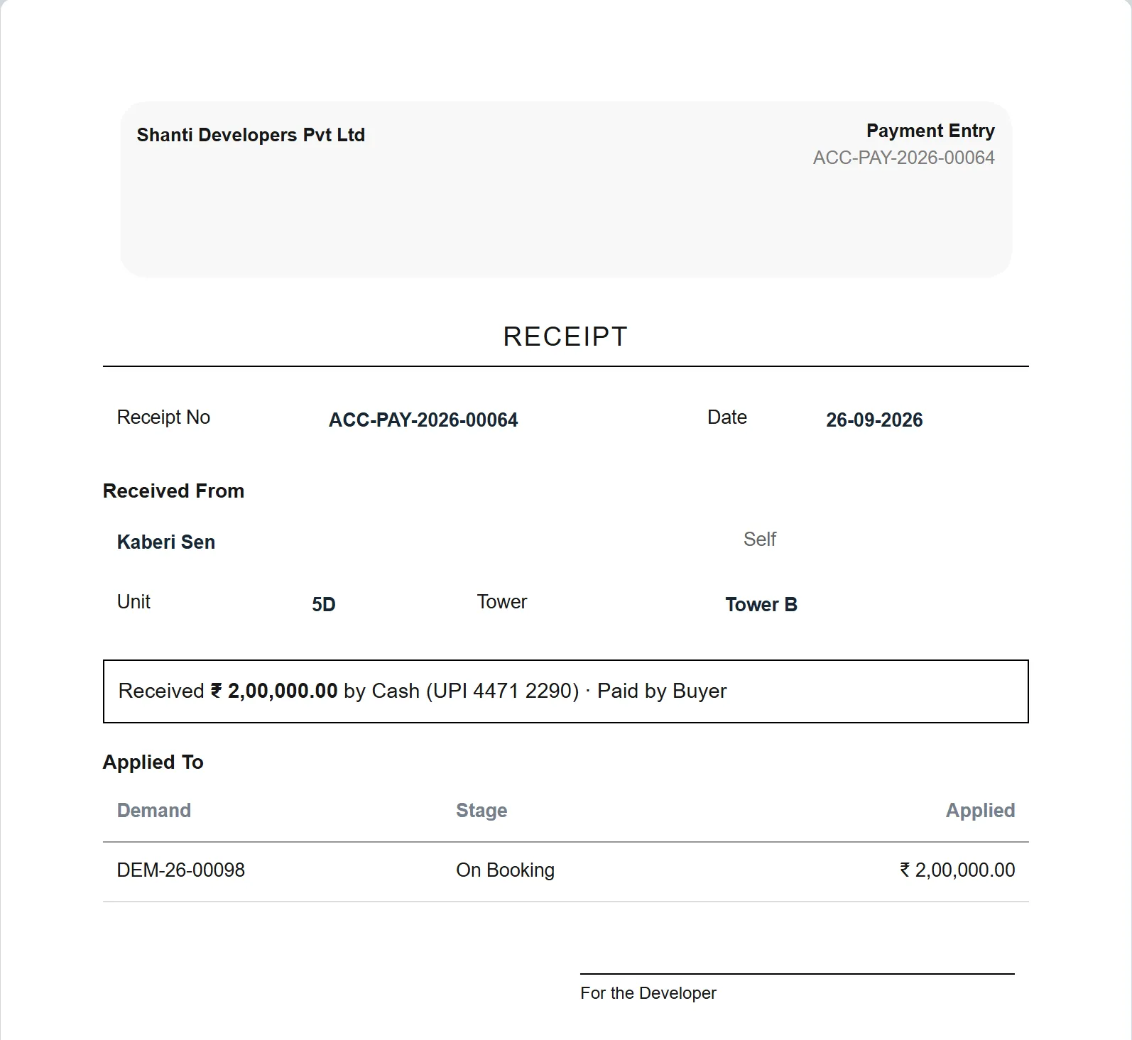 A payment receipt applied to the On Booking demand