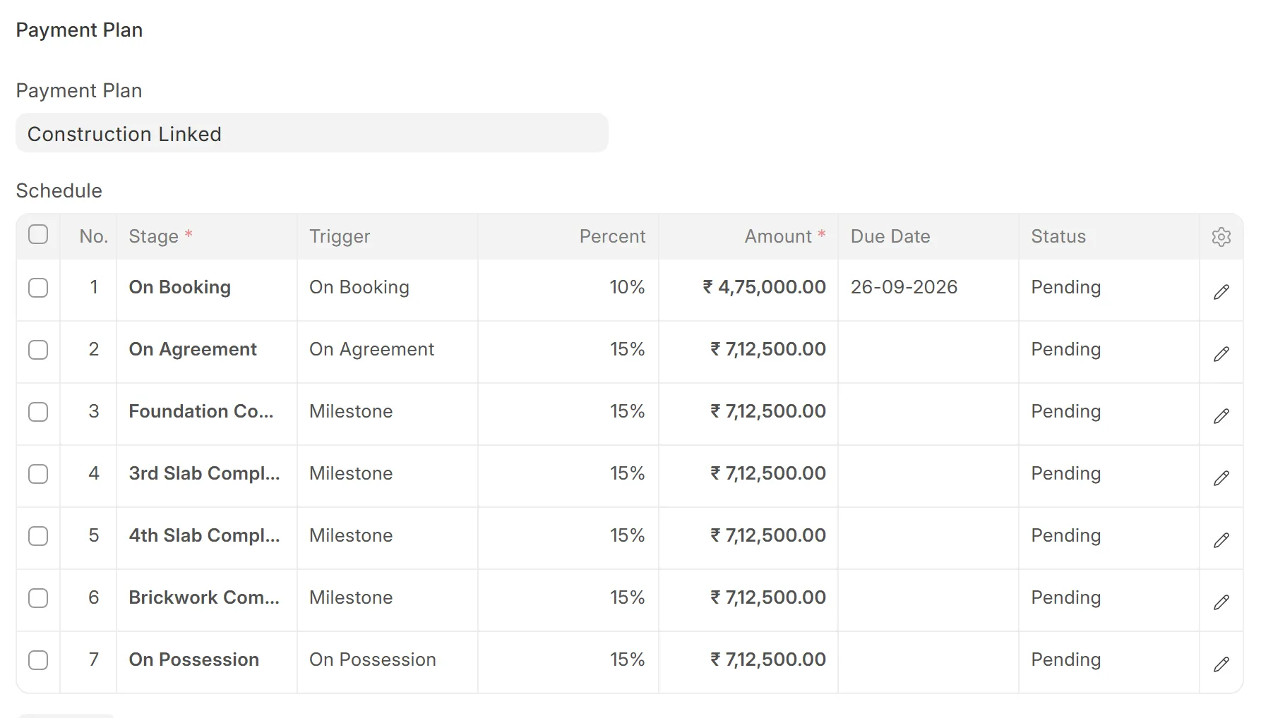 A construction-linked schedule of seven rows from On Booking to On Possession