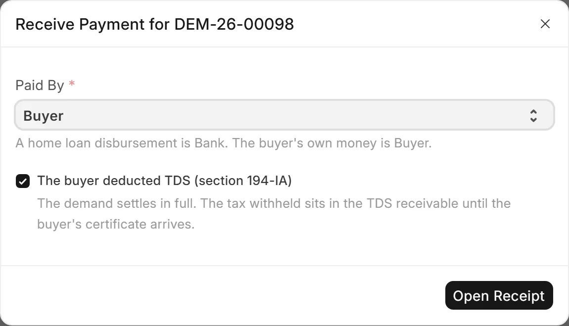 The Receive Payment dialog with the buyer's TDS ticked