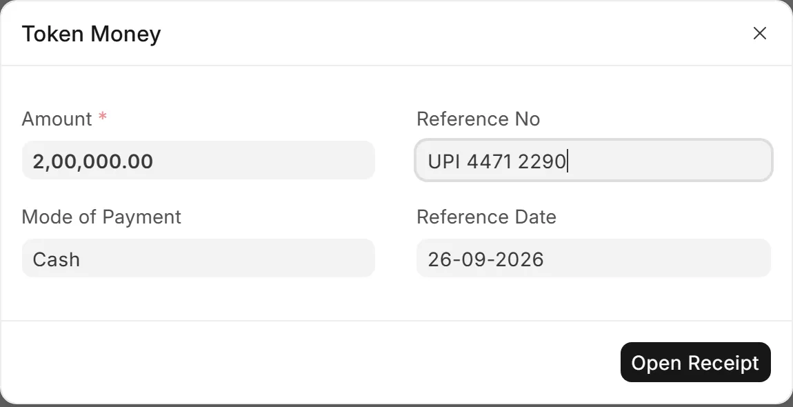 Token Money dialog with amount, mode of payment and reference